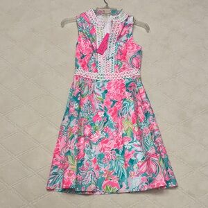 Lilly Pulitzer Sleeveless Floral Fit-and-Flare Dress in Pink & Teal w/Lace Trim